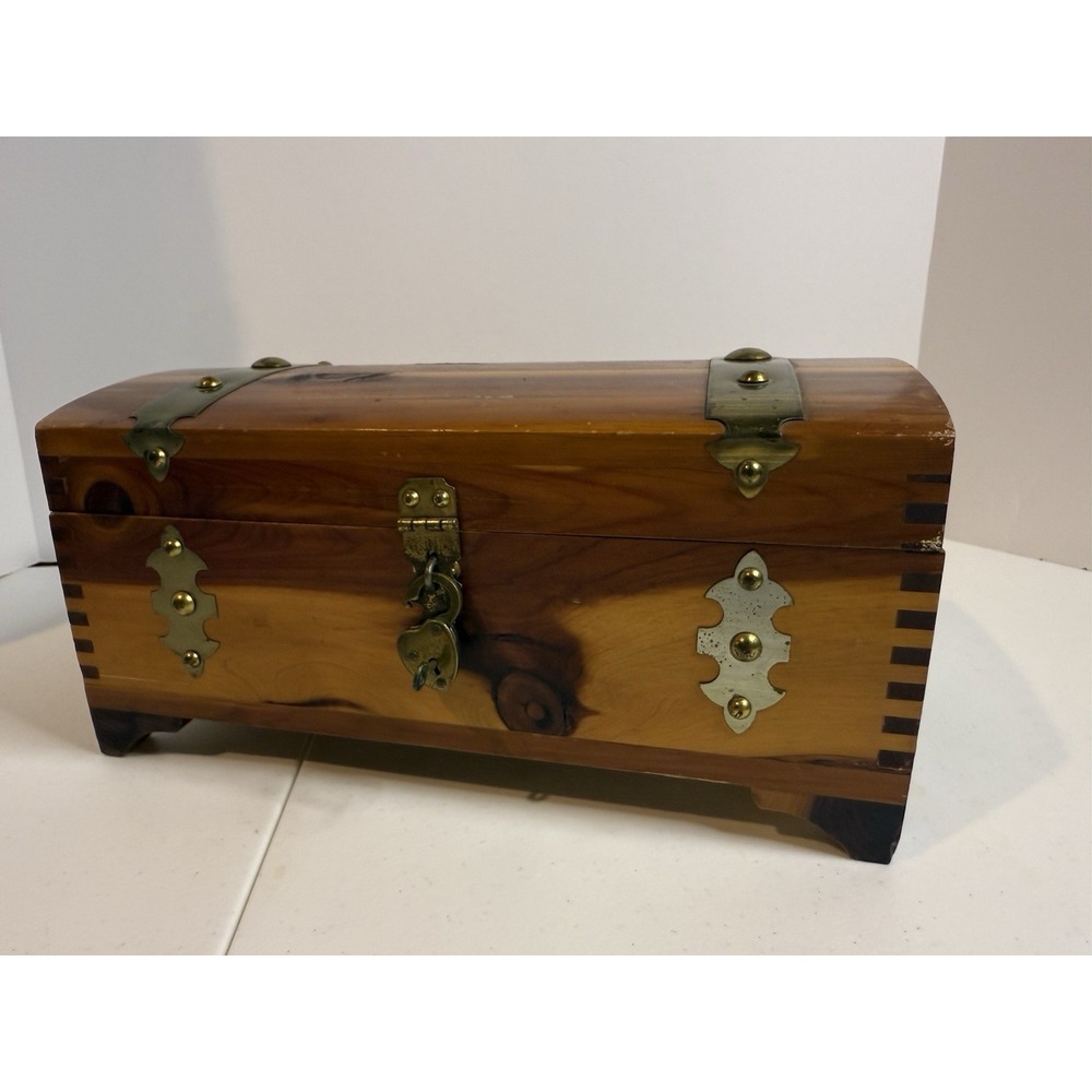 Vintage Wood Small Chest Box With Heart Lock Brass Handmade Signed Folk Art